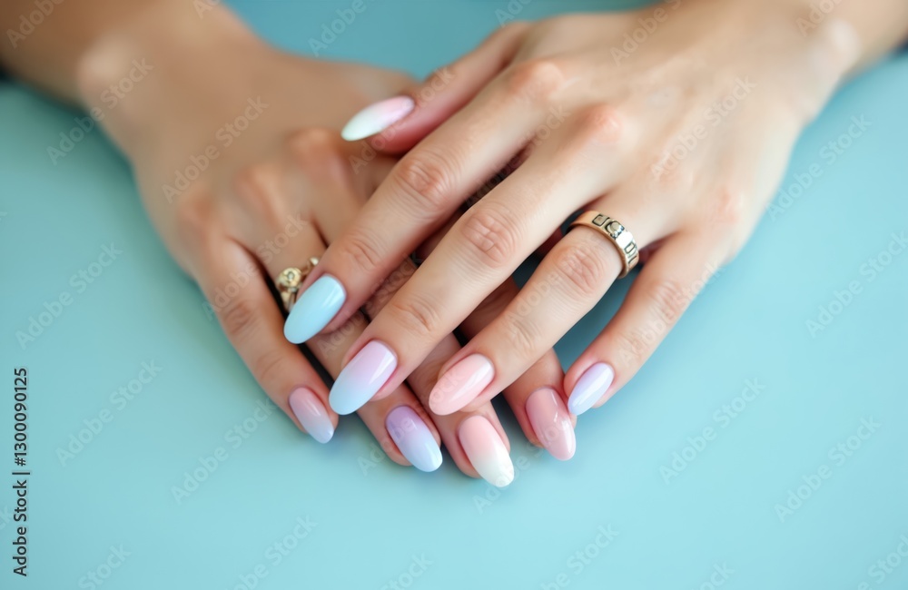 Womans hands with trendy pastel gradient manicure on blue background. Summer nail design art. Fingers with rings. Manicured nails, fashionable trendy design. Beauty parlour procedure, treatment in Womans hands with trendy pastel gradient manicure on blue background. Summer nail design art. Fingers with rings. Manicured nails, fashionable trendy design. Beauty parlour procedure, treatment in
