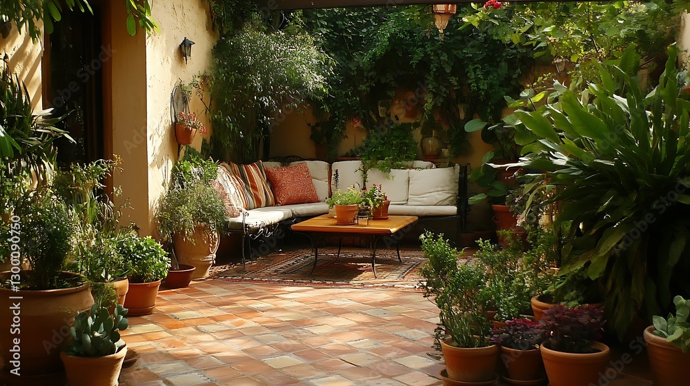 Naklejka premium Relaxing Outdoor Patio with Potted Plants and Cozy Seating Area