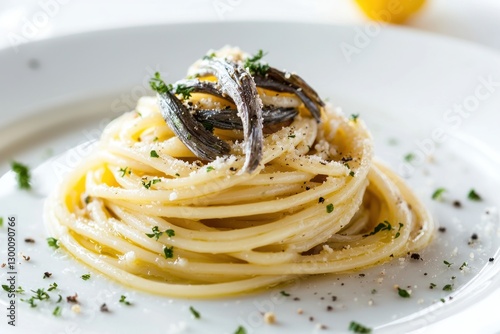 Delicious spaghetti with anchovies and parsley on a white plate artistic presentation macro shot culinary excellence fresh ingredient