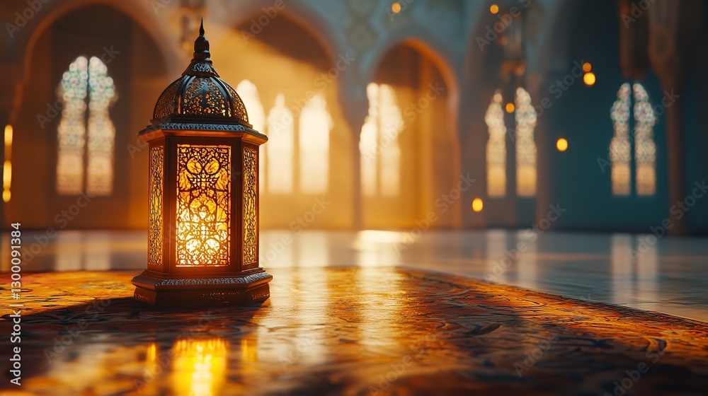 A radiant lantern glows warmly in a serene mosque, bathed in golden light filtering through arched windows, creating a peaceful and spiritual ambiance. A radiant lantern glows warmly in a serene mosque, bathed in golden light filtering through arched windows, creating a peaceful and spiritual ambiance.