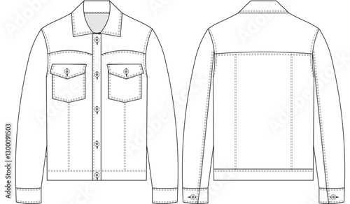 with pockets collared long sleeve denim jean buttoned jacket template technical drawing flat sketch cad mockup fashion man men
 design style model 
