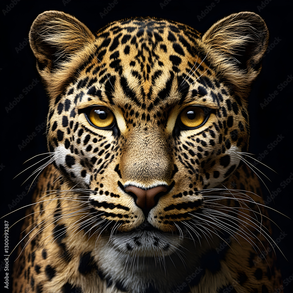 Obraz premium A symmetrical portrait of a leopard with piercing golden eyes and stunning fur patterns.