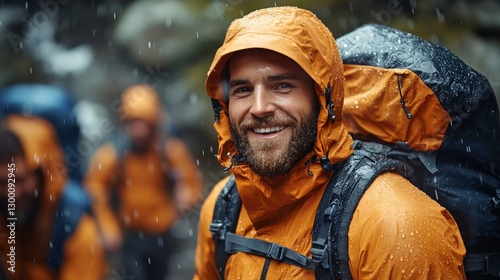 Smiling Hiker in Rain Gear Enjoying a Mountain Trek in the Rain