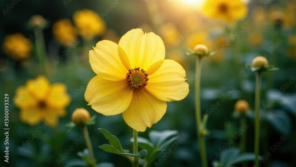 A vibrant yellow flower in full bloom stands out among a field of similar flowers, bathed in warm sunlight. A vibrant yellow flower in full bloom stands out among a field of similar flowers, bathed in warm sunlight.