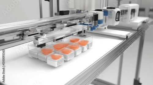 Automated machine processing food products on white background.