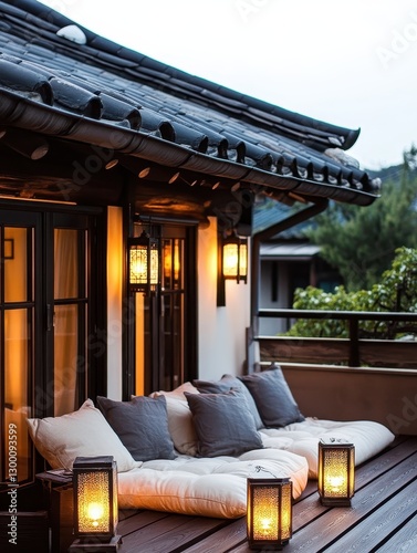A Japanese outdoor seating arrangement with warm lighting and lanterns