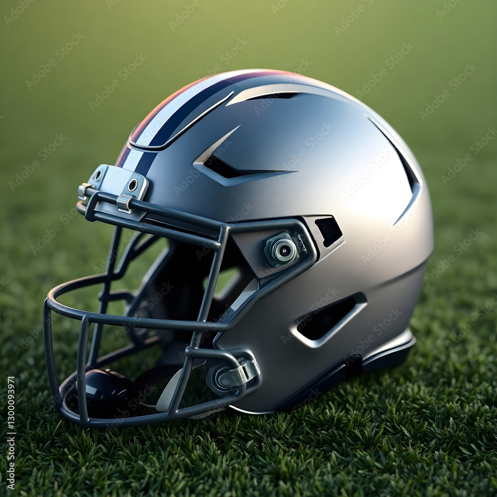 Modern football helmet resting on lush green field