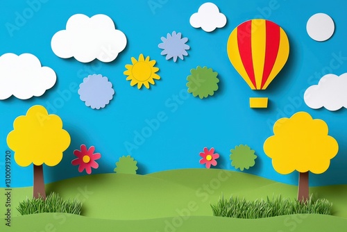 Serene paper landscape featuring a yellow hot air balloon with trees and hills under a clear blue sky creative backdrop
