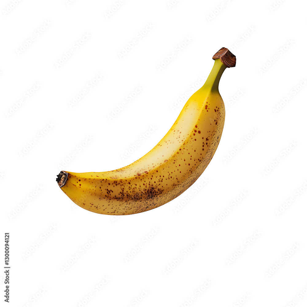 A ripe banana with brown spots floating against a neutral background, emphasizing its natural imperfections and sweet ripeness. A ripe banana with brown spots floating against a neutral background, emphasizing its natural imperfections and sweet ripeness.