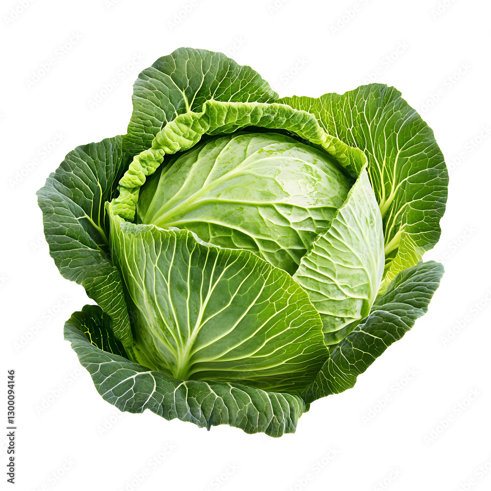 Obraz premium A whole fresh cabbage isolated on a white background, highlighting its crisp green leaves and natural texture.