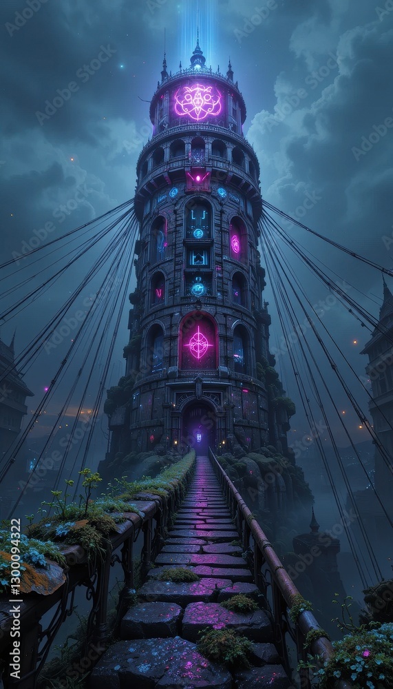 Obraz premium Mysterious glowing tower at night fantasy landscape stone pathway leading to ancient building digital art