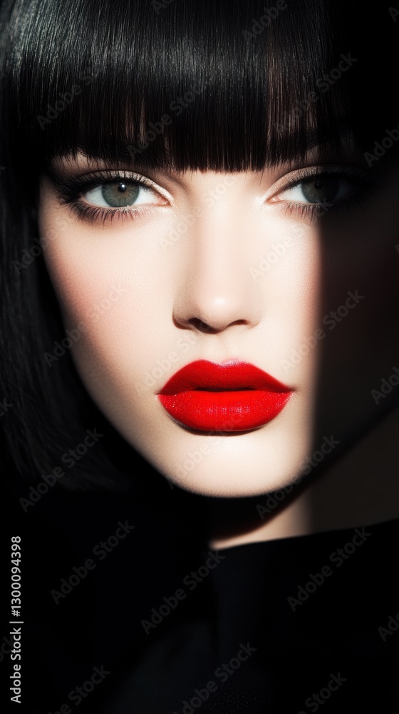 Naklejka premium Dramatic portrait of woman with bold red lips and intense gaze