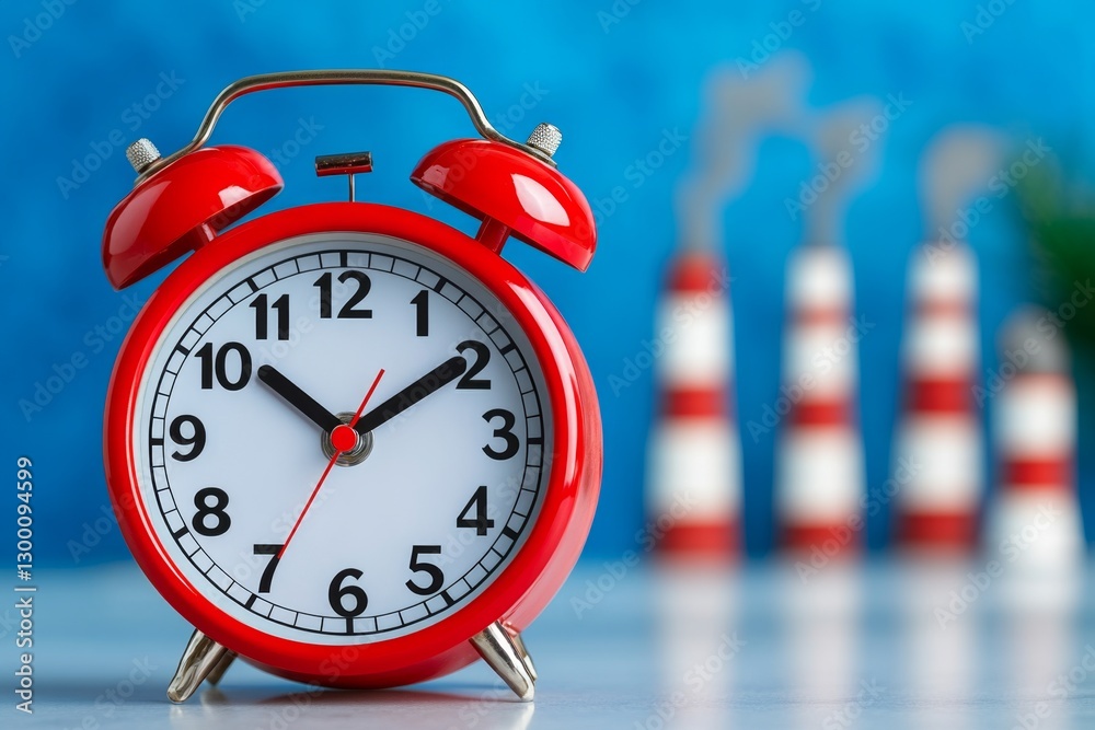 A global warming clock ticking down, with smokestacks in the background representing time running out A global warming clock ticking down, with smokestacks in the background representing time running out