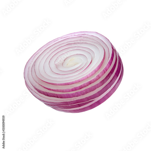 A slice of fresh red onion with concentric layers, isolated on a white background.
