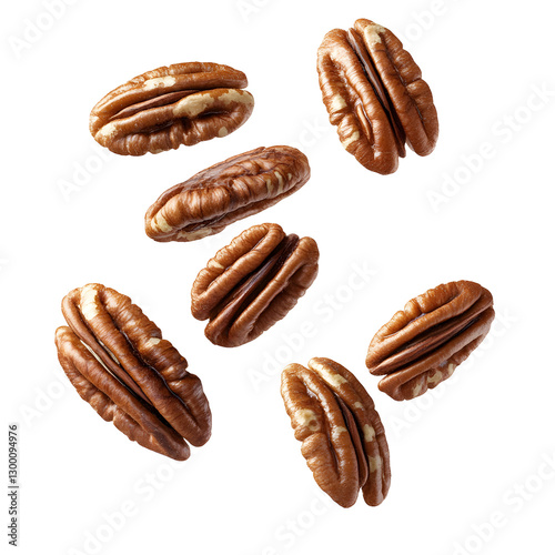 A group of pecan nuts floating against a white background, arranged dynamically to showcase their rich texture.