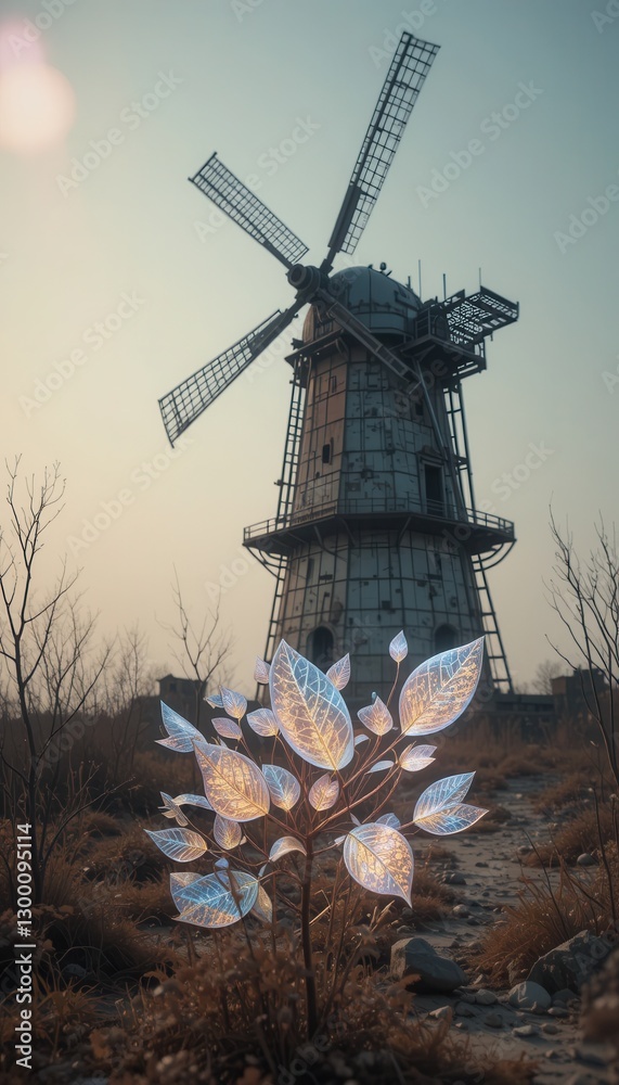 Obraz premium Glowing Plant Near Old Windmill Rural Landscape Serene Nature Scene Tranquil Scenery