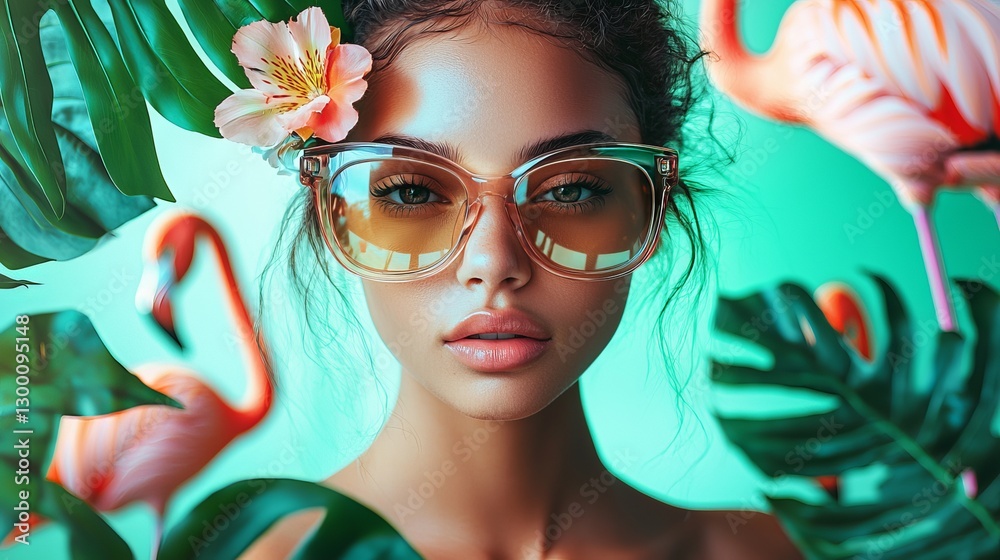 Vibrant Surreal Collage of a Fashion Model Surrounded by Tropical Elements