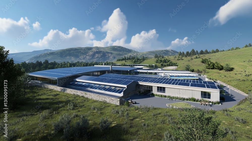 Modern eco-friendly building with solar panels surrounded by nature. Modern eco-friendly building with solar panels surrounded by nature.