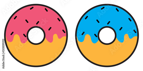 Donut icon. Set of colorful donuts with different colored icing and sprinkles. Vector illustration.