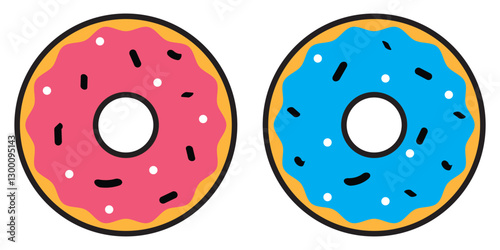 Donut icon. Set of colorful donuts with different colored icing and sprinkles. Vector illustration.