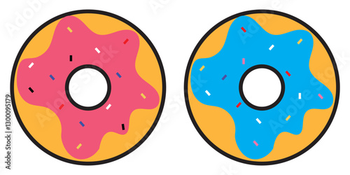 Donut icon. Set of colorful donuts with different colored icing and sprinkles. Vector illustration.