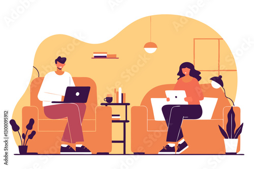 Modern Home Workspace: Smiling Individuals on Orange Sofas with Laptops in Cozy Living Room Setup