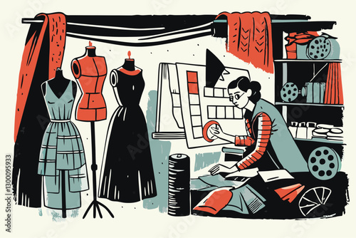 Fashion Designer Sketching in Studio: Seamstress Surrounded by Dress Forms, Fabrics, and Color Swatches
