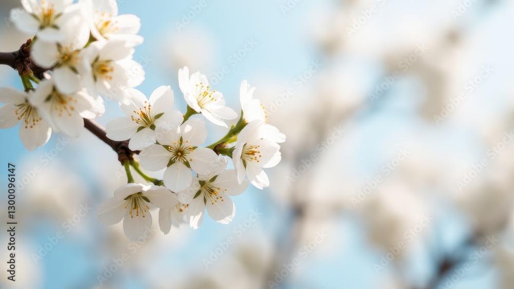 Close-up of white cherry blossoms against a blurred blue sky background. Close-up of white cherry blossoms against a blurred blue sky background.
