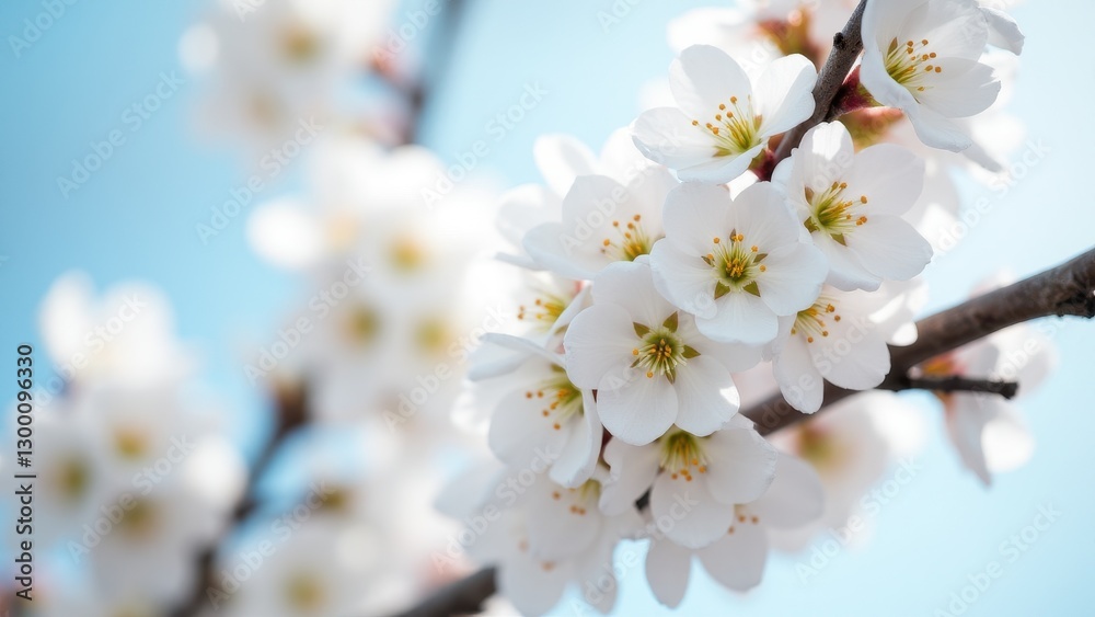 White cherry blossoms in full bloom against a clear blue sky. White cherry blossoms in full bloom against a clear blue sky.