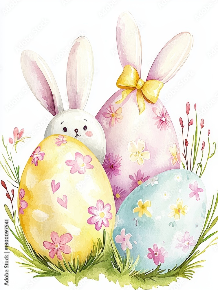 Obraz premium A cheerful illustration featuring a bunny surrounded by colorful, decorated Easter eggs amidst flowers and grass.
