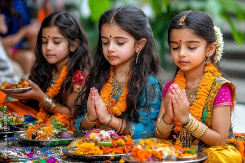  Little girls sit on a decorated floor receiving blessings, food and gifts from elders. Generative AI