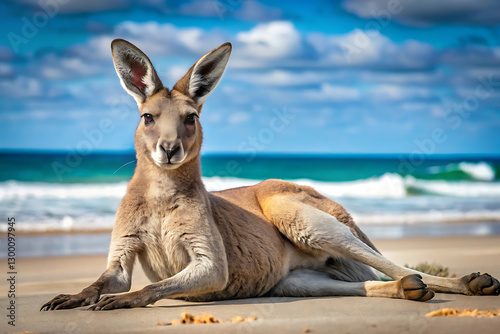 estern gray giant kangaroo lying on sandy beach blue backdrop photo