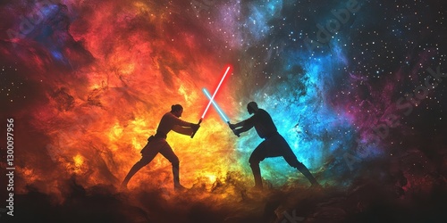 Two figures duel using glowing lightsabers amidst cosmic nebula