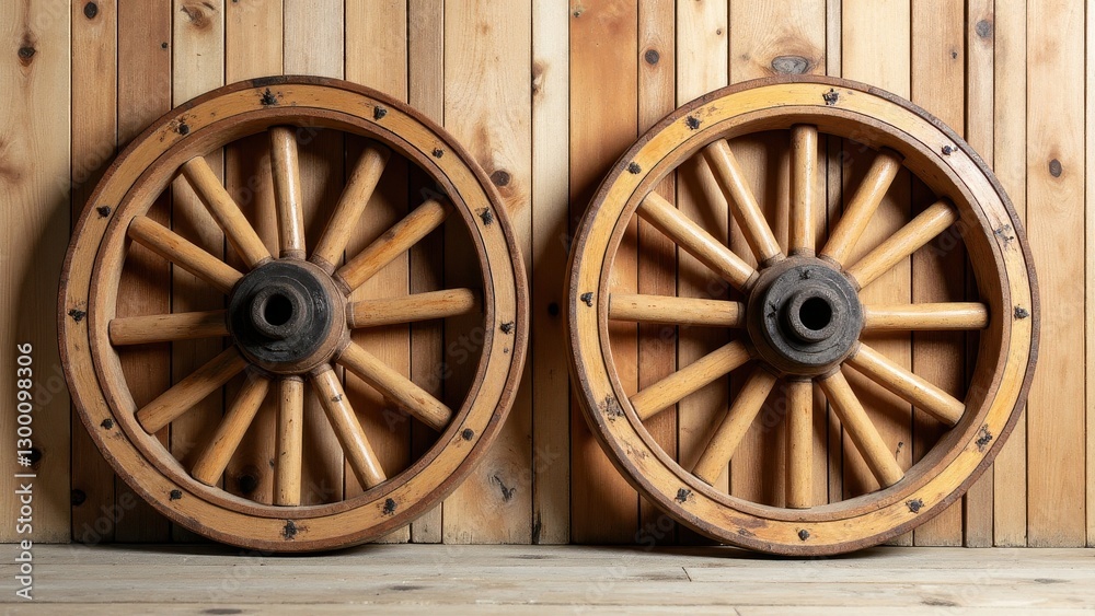 Two wooden wagon wheels leaning against a wooden wall. Two wooden wagon wheels leaning against a wooden wall.