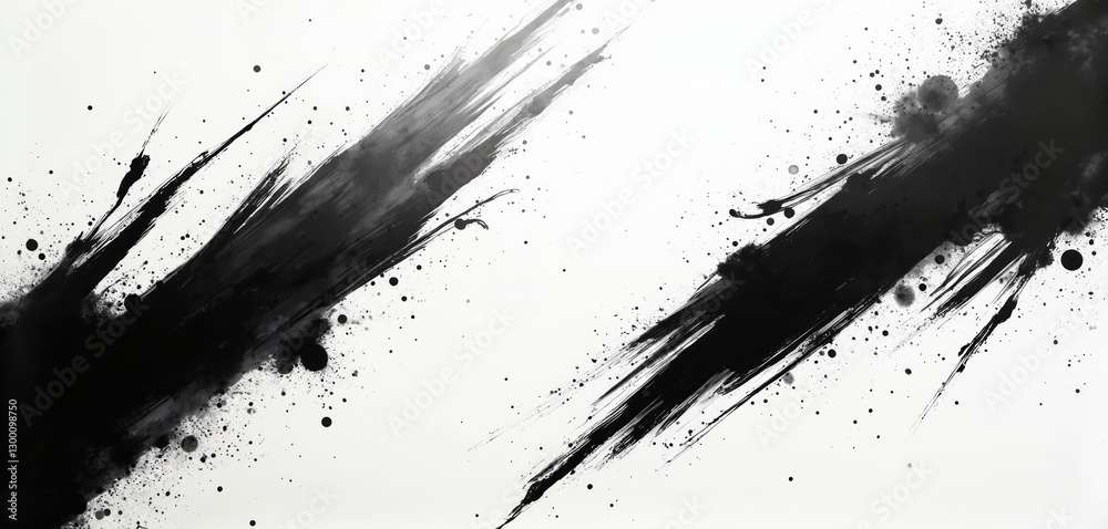 Fototapeta premium Abstract black grunge splatter line pattern on white transparent background. Ink streaks, paint brush strokes. Minimalistic monochrome art design with edgy chaotic dynamic expressive elements.