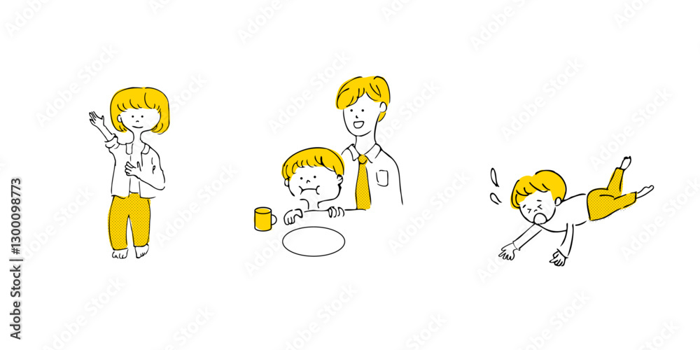 Fototapeta premium Child rearing: changing clothes, brushing teeth, a child falling over, a father watching over them.