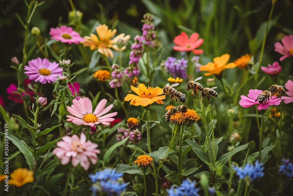 Vibrant Wildflower Meadow with Busy Honeybees Pollinating Colorful Blooms Vibrant Wildflower Meadow with Busy Honeybees Pollinating Colorful Blooms