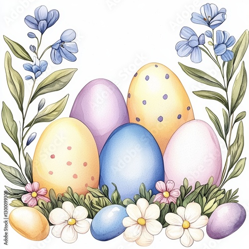 A colorful illustration of Easter eggs surrounded by flowers and leaves, embodying a festive, springtime theme.