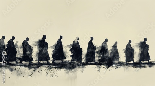 Silhouetted Monks Walking,  Desert Landscape Background.  Possible Use Spiritual, meditation, serenity photo