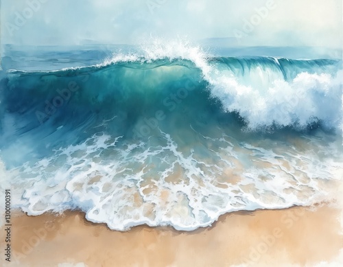 Watercolor painting of ocean wave with sea foam crashing on beach. Abstract summer background, fresh relaxing tropical vacation, positive healthy travel concept. Turquoise blue colours blend photo