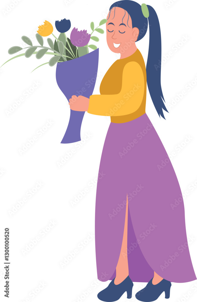 This vector illustration, created in Adobe Illustrator, features fine details and a beautifully blooming girl holding a bouquet. She embodies the spirit of spring, love, and renewal—perfect for Women' This vector illustration, created in Adobe Illustrator, features fine details and a beautifully blooming girl holding a bouquet. She embodies the spirit of spring, love, and renewal—perfect for Women'