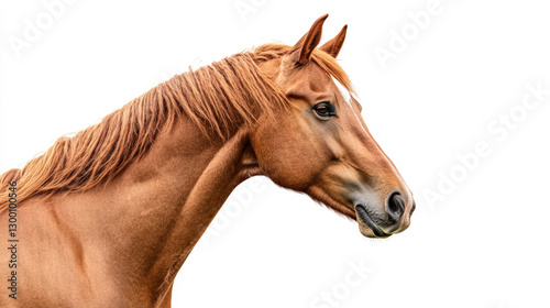 Chestnut horse with a flowing mane captured in sharp detail against a bright white background


