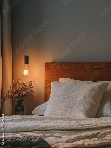 A low angle view of a well lit bedroom