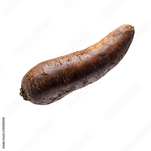 A cassava root with a rough brown skin and starchy interior. A staple food in many tropical regions.