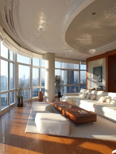 An elegant modern living room with large windows and views