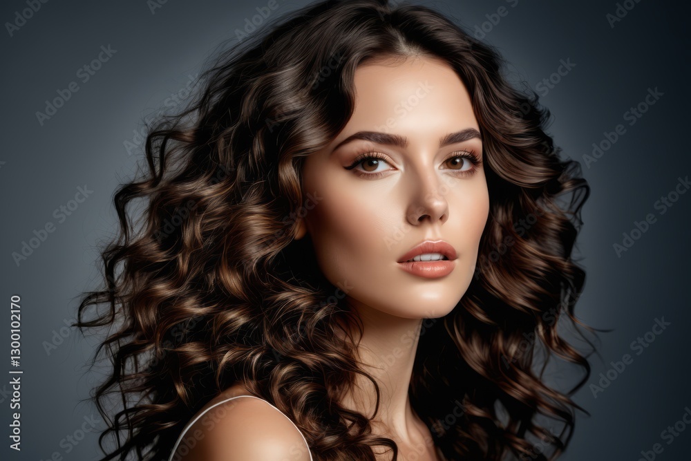 Fototapeta premium A glamorous brunette woman with long curly hair and beautiful makeup looking confidently in a studio setting