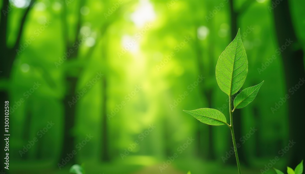 Naklejka premium Vibrant Green Leaf Sprout in Sunlit Forest Background