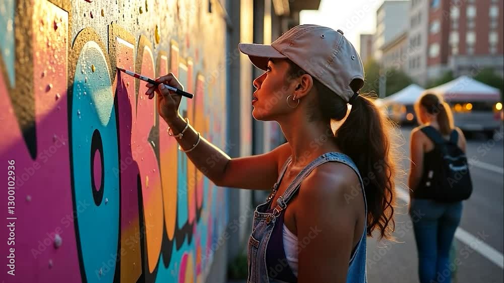 Urban creativity, A young artist crafting vibrant graffiti on a city wall