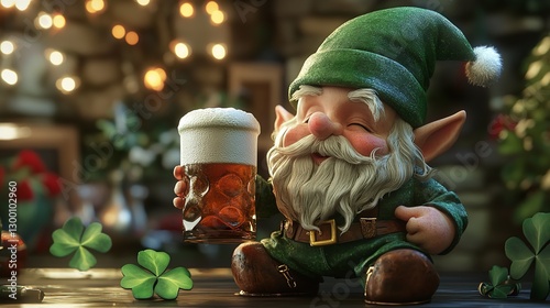 A whimsical illustration of a gnome wearing a green hat and outfit, holding a green beer with a shamrock design, sitting at a bar in a dimly lit pub setting.