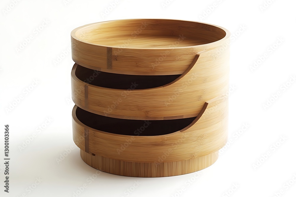 Stylish bamboo steamer on white backdrop showcases sustainable kitchenware design and craftsmanship Stylish bamboo steamer on white backdrop showcases sustainable kitchenware design and craftsmanship